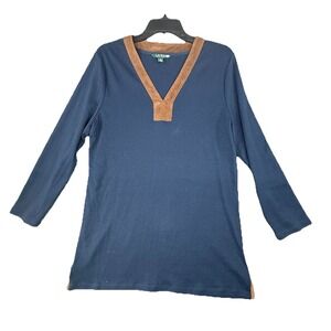 Lauren Ralph Lauren Women's Shirt Long Sleeves Suede V Neck Sz XL Blue